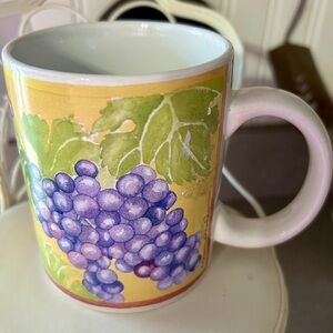 Yellow Ceramic Coffee Mug with Purple Grape Design